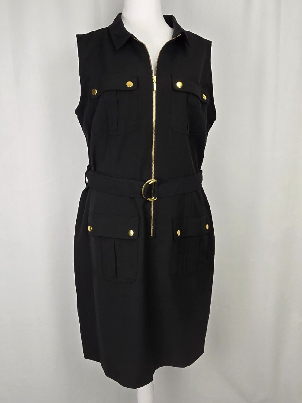Sharagano Size 16 Black Utility Dress Gold Zip Belted Career Wear